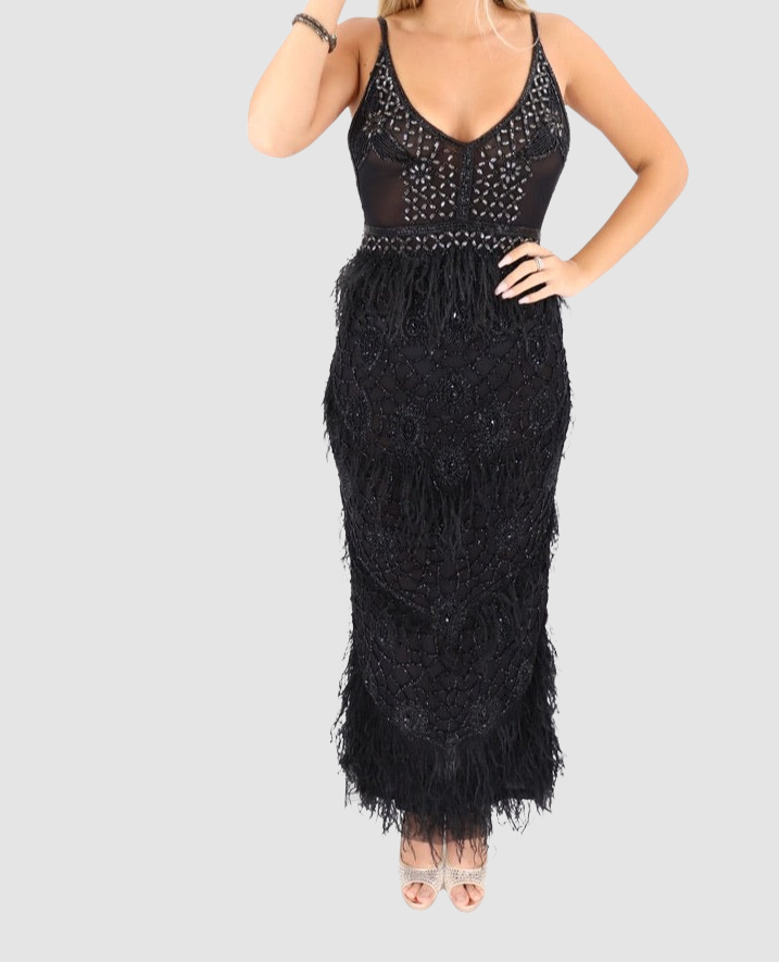 DIAMOND FOR EDEN Black Long Beaded and Feathers