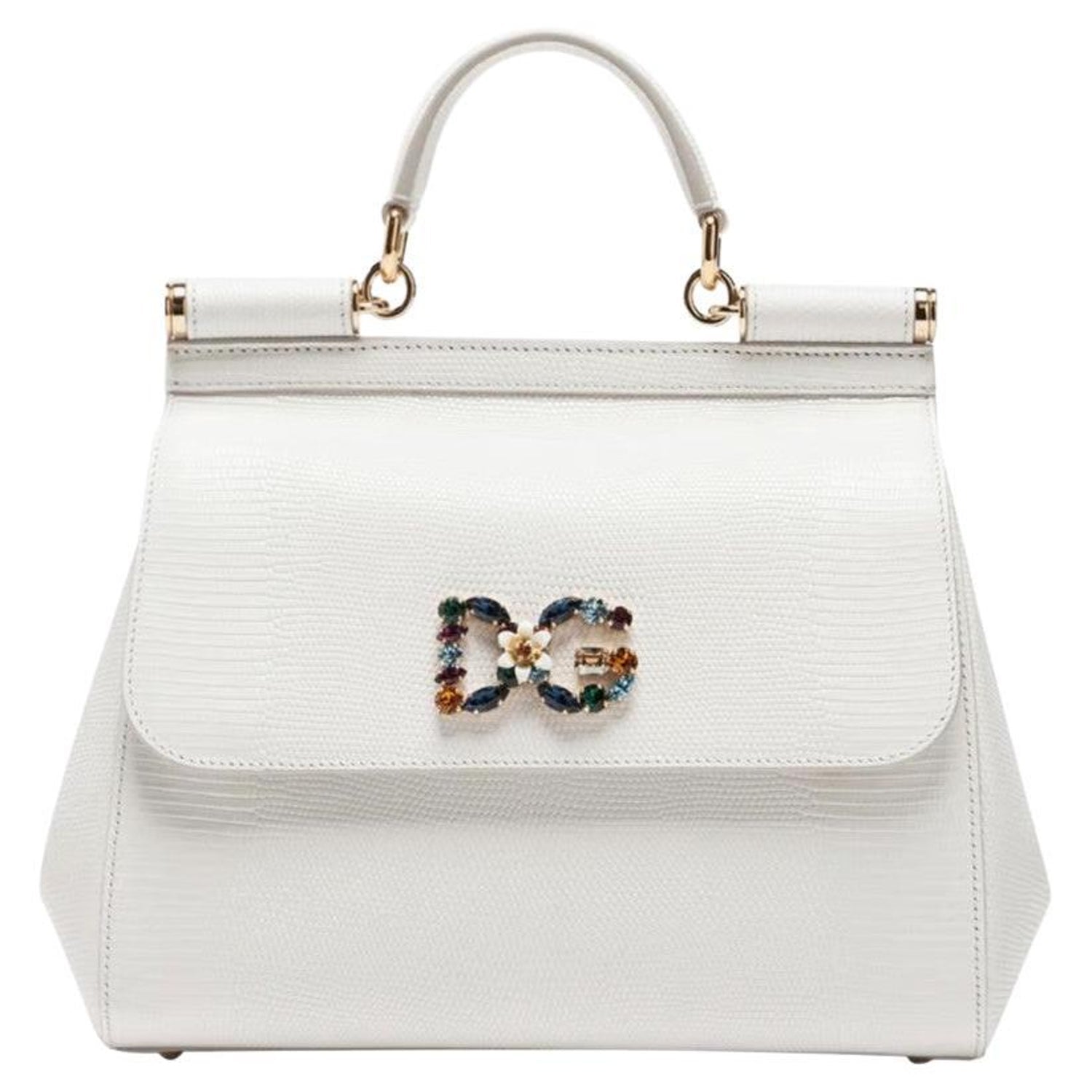 Dolce & Gabbana White Sicily Leather Bag W Multicolor D&G Crystal Logo