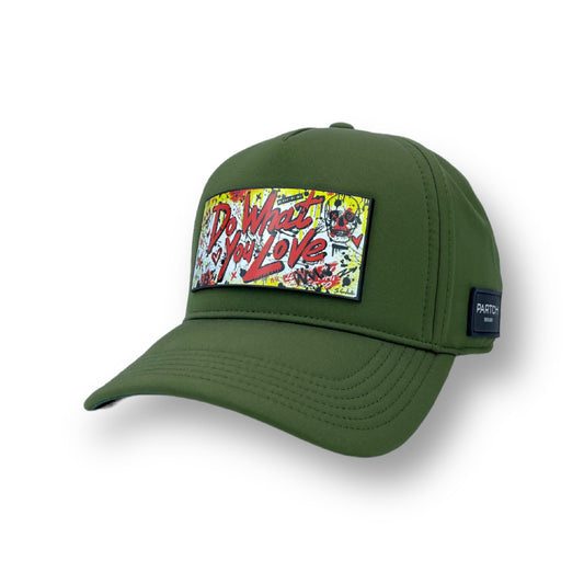 Partch Do What You Love trucker hat in green fill fabric spandex