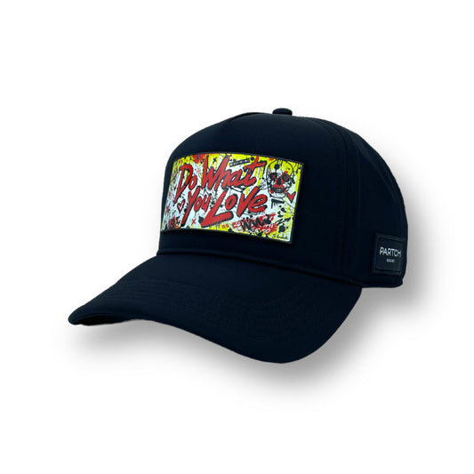 Black Luxury Fashion PARTCH Trucker Hat in Spandex | front Art Partch Clip Do What You Love Yellow/Red