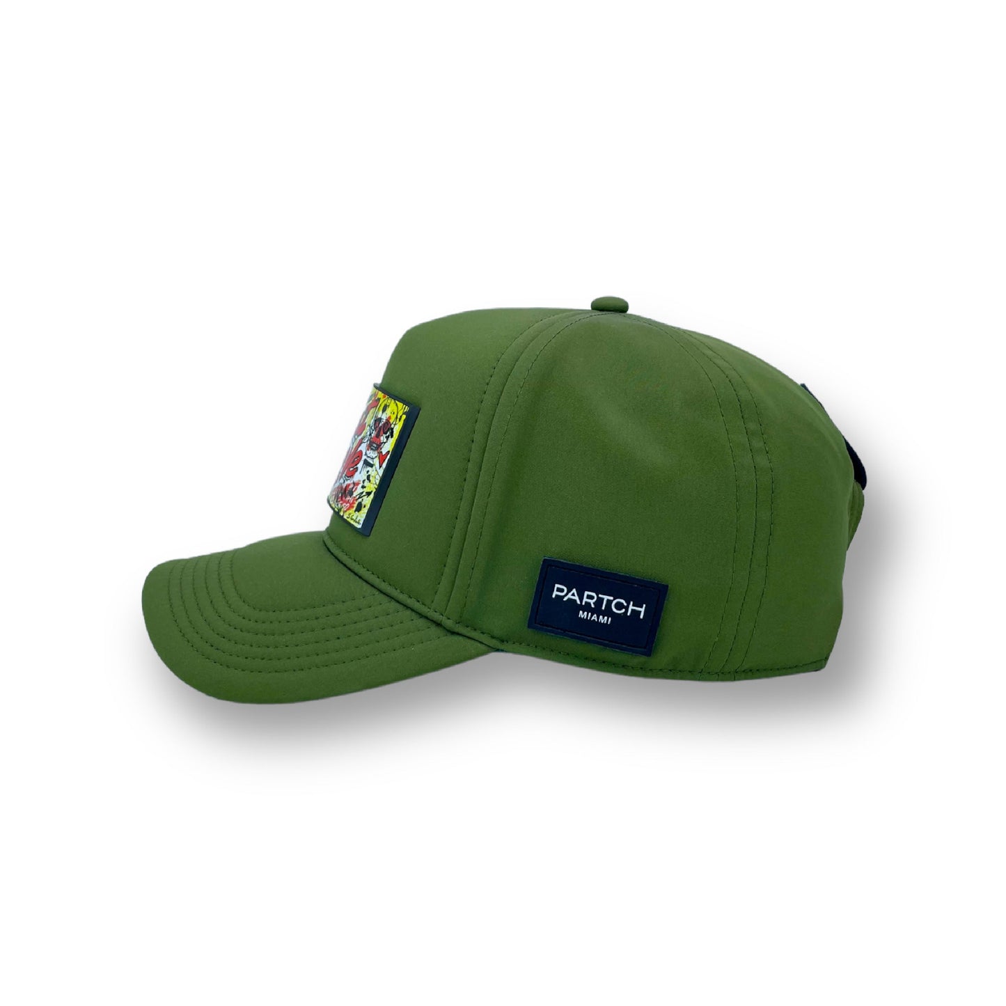 PARTCH premium trucker hat in green with Art patch removable in a second