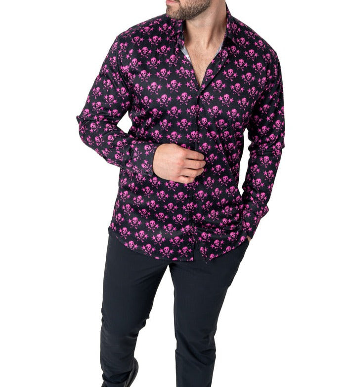 Maceoo Black long sleeve man button-down with tiny skulls in pink all over.