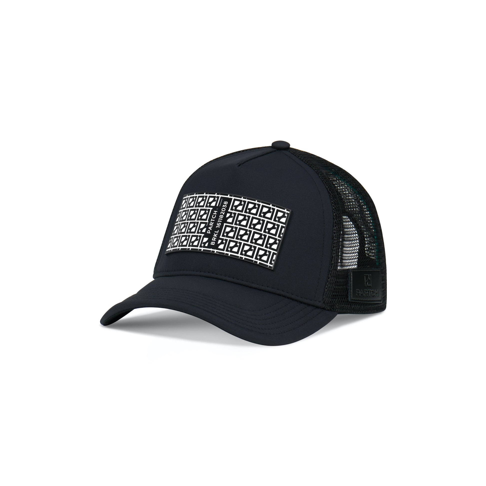 Black trucker hat PARTCH with removable PARTCH Clip BRKL Logo Front View