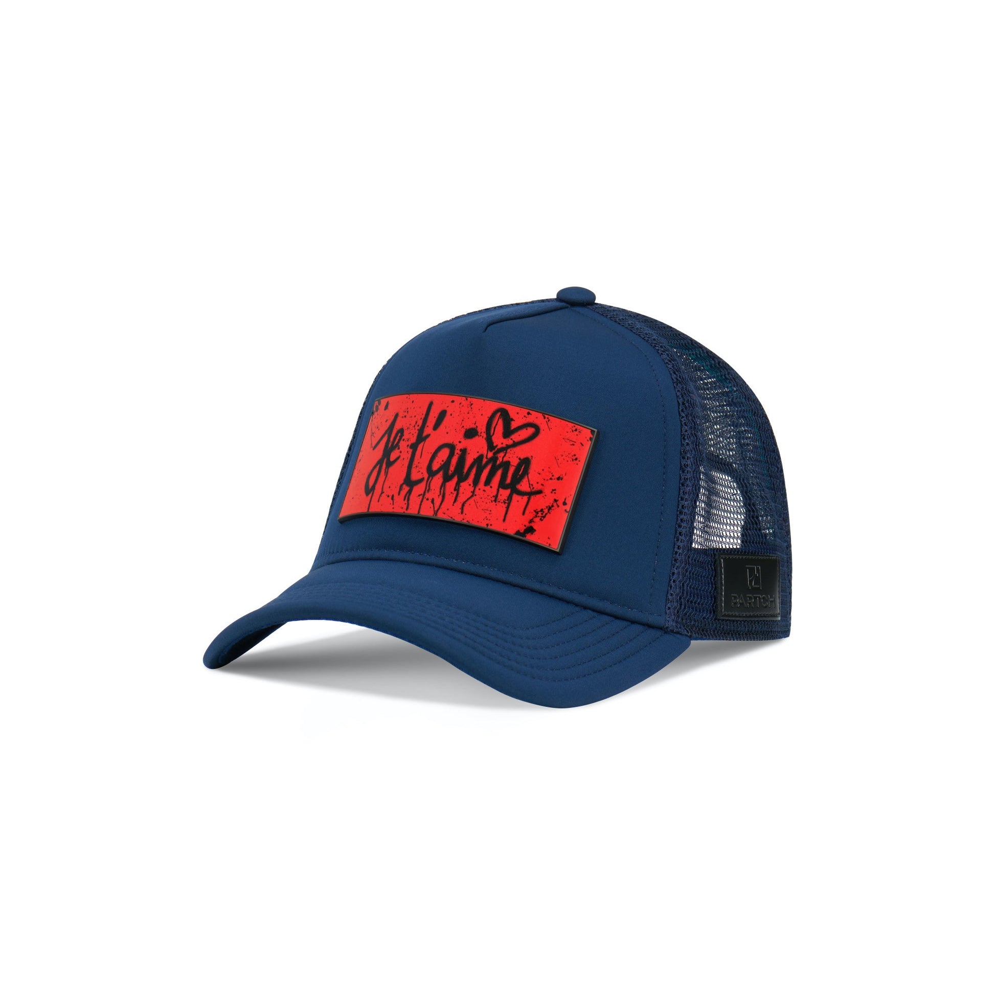 Partch Trucker Hat Navy Blue with PARTCH-Clip Je T’aime Front View