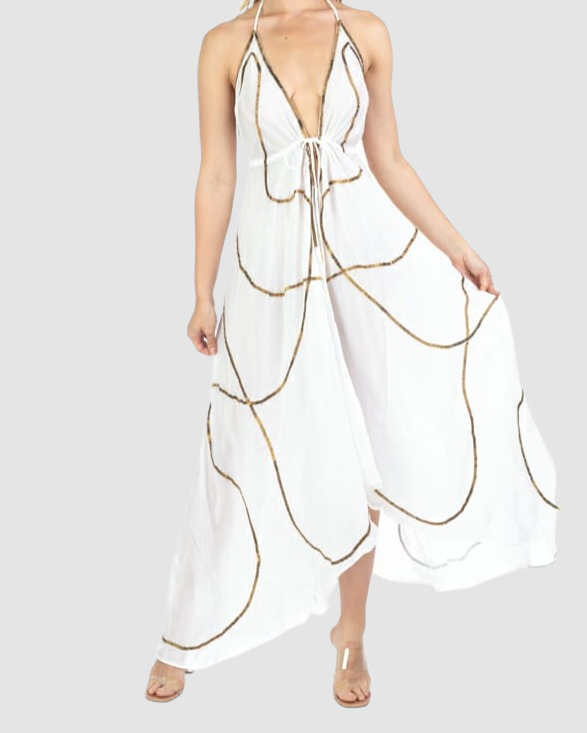 JSQUAD White W Gold Lines Dress
