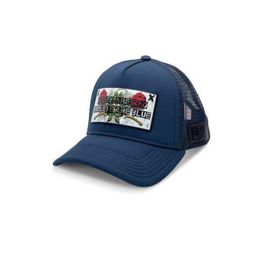 Partch - Trucker Hat Navy Blue with patch Roses | High Fashion Headwear Designer