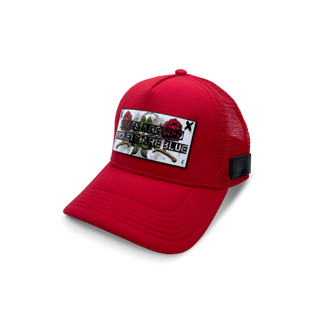 Partch - Trucker Hat in Red with patch Roses | High Fashion Headwear Designer