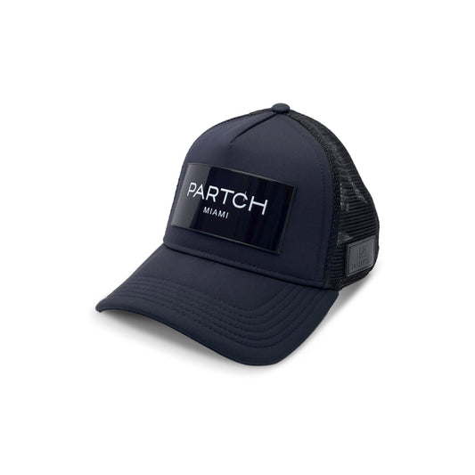 Black Logomania Trucker Hat & Caps by Partch | Features PARTCH-Clip interchangeable Art patch made in Aluminum High Purity