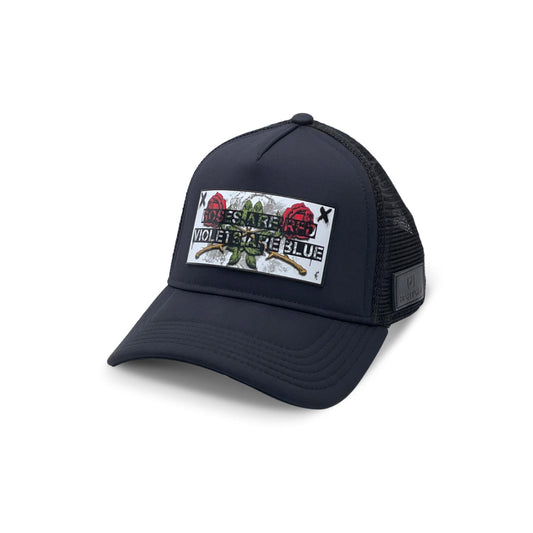 Partch – Men’s Trucker Hat Black with Roses Art Partch-clip for high fashion trucker cap
