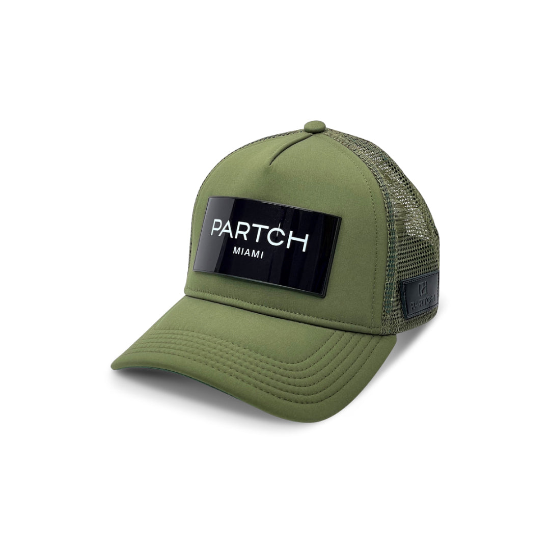 Green Logomania Trucker Hat & Caps by Partch | Features PARTCH-Clip interchangeable Art patch made in Aluminum High Purity