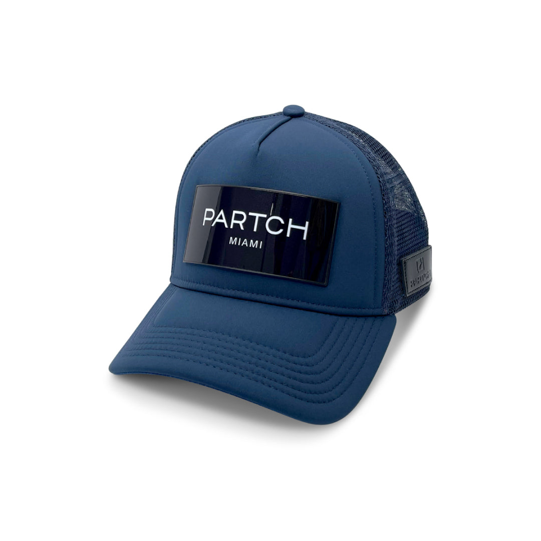 Navy Bleu Logomania Trucker Hat & Caps by Partch | Features PARTCH-Clip interchangeable Art patch made in Aluminum High Purity