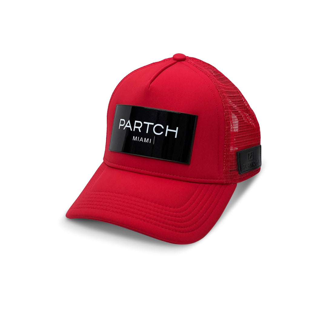 Red Logomania Trucker Hat & Caps by Partch | Features PARTCH-Clip interchangeable Art patch made in Aluminum High Purity