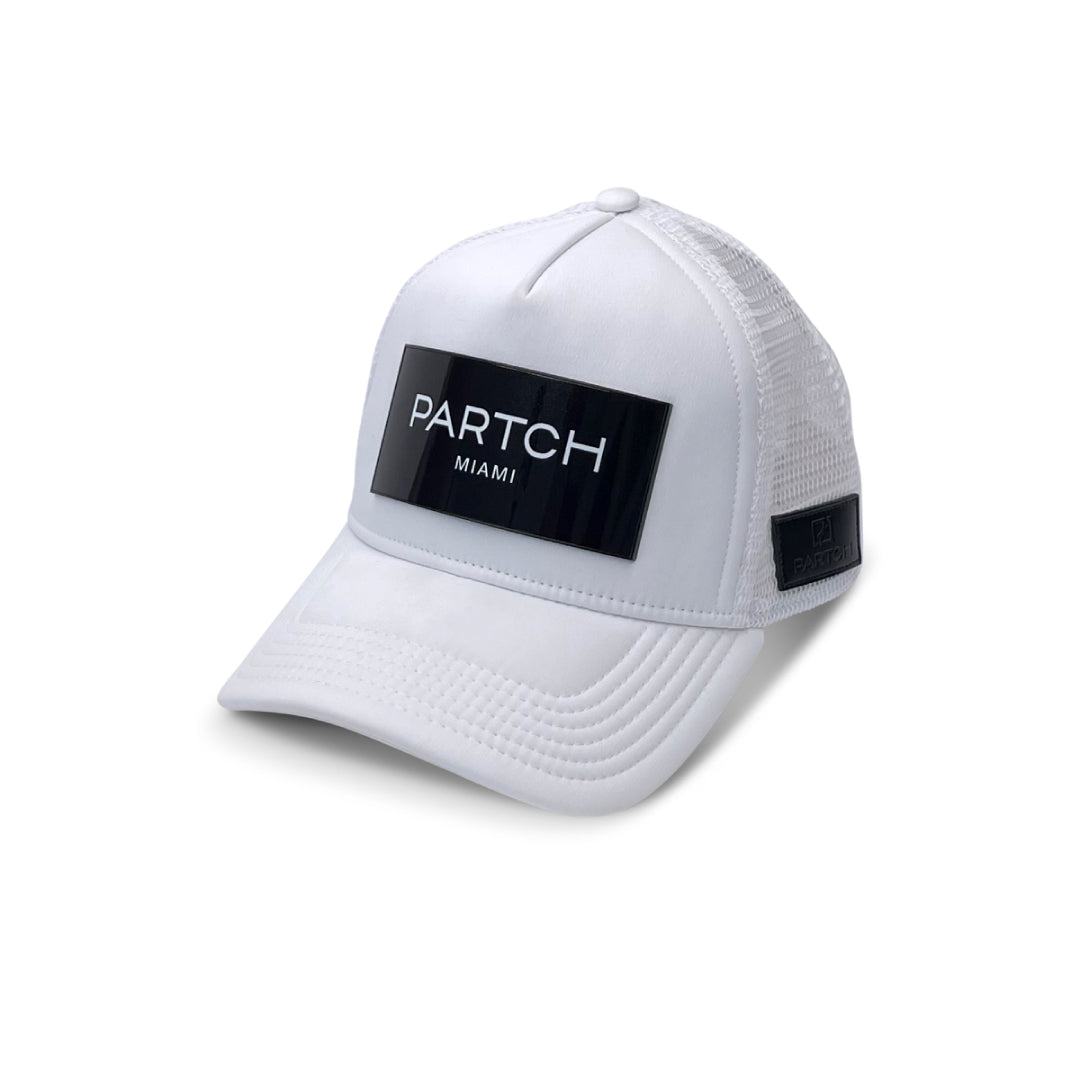 White Logomania Trucker Hat & Caps by Partch | Features PARTCH-Clip interchangeable Art patch made in Aluminum High Purity