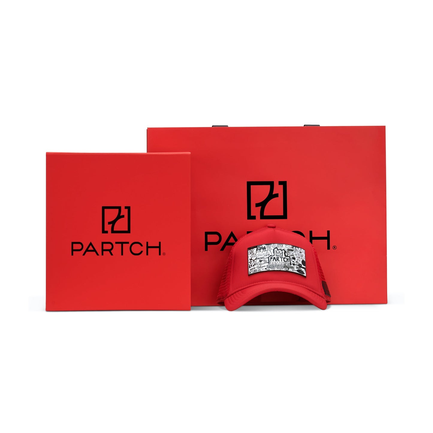 PARTCH Set Luxury Packaging. Box, Shopping Bag, Hats, Caps, Partch-Clip, red.