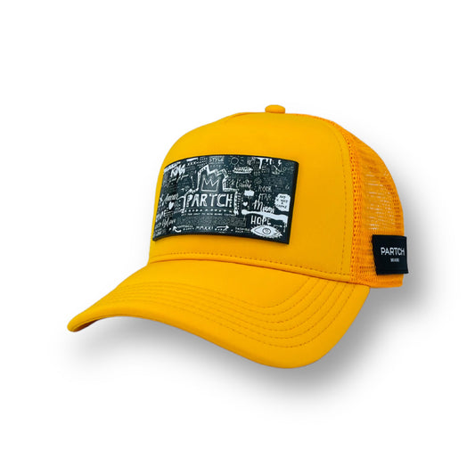 Pop Love Art front patch removable trucker hat in yellow