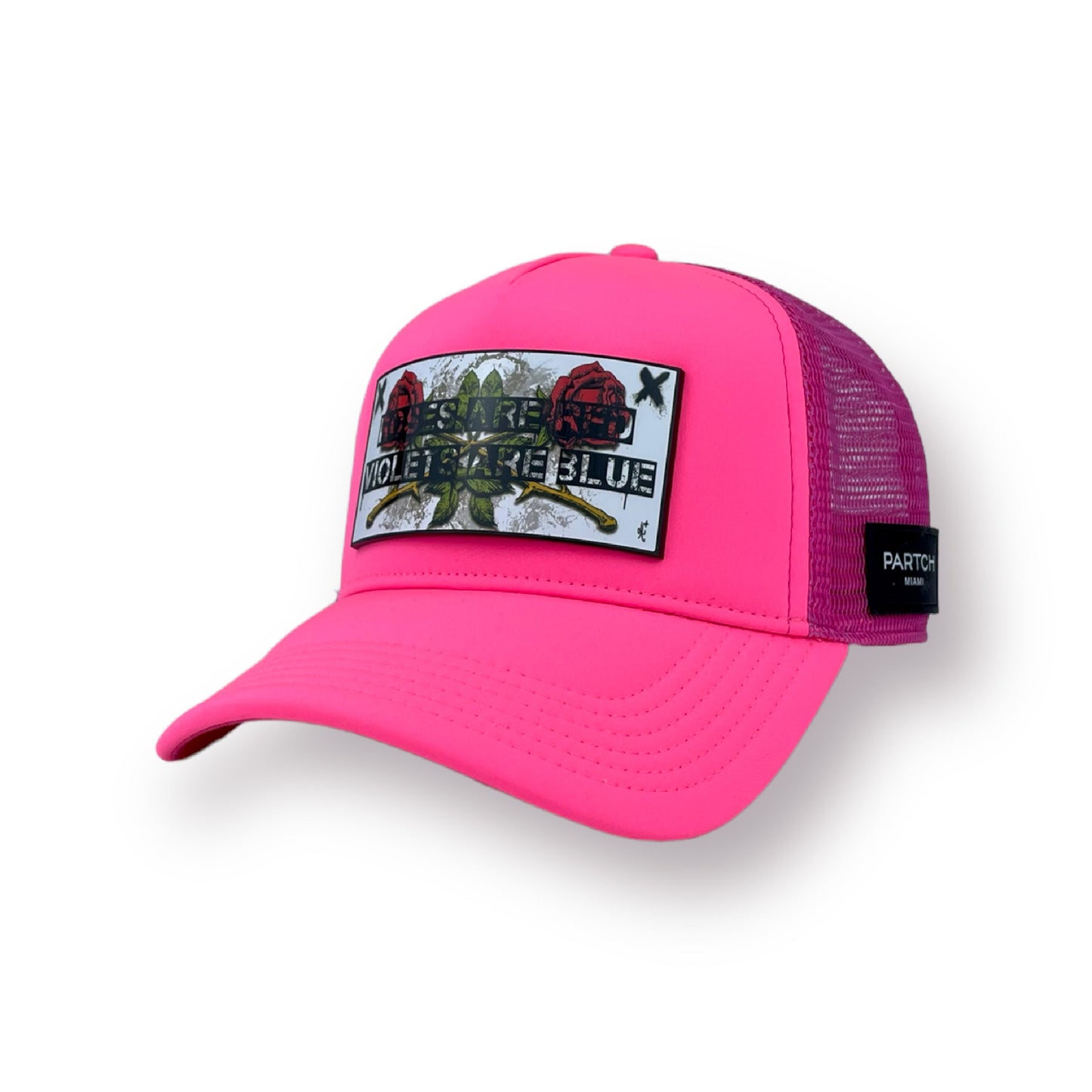 Partch pink trucker hat with Art Roses