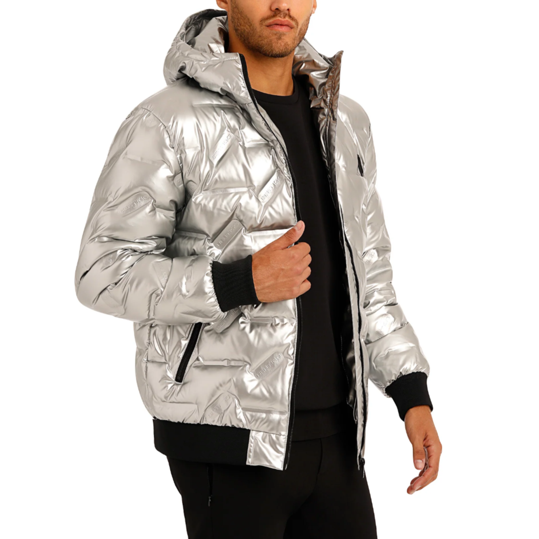Bertigo Metallic silver down filled puffer men coat jacket with hoodie.