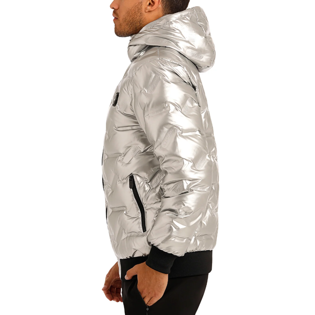 Bertigo Metallic silver down filled puffer men coat jacket with hoodie.