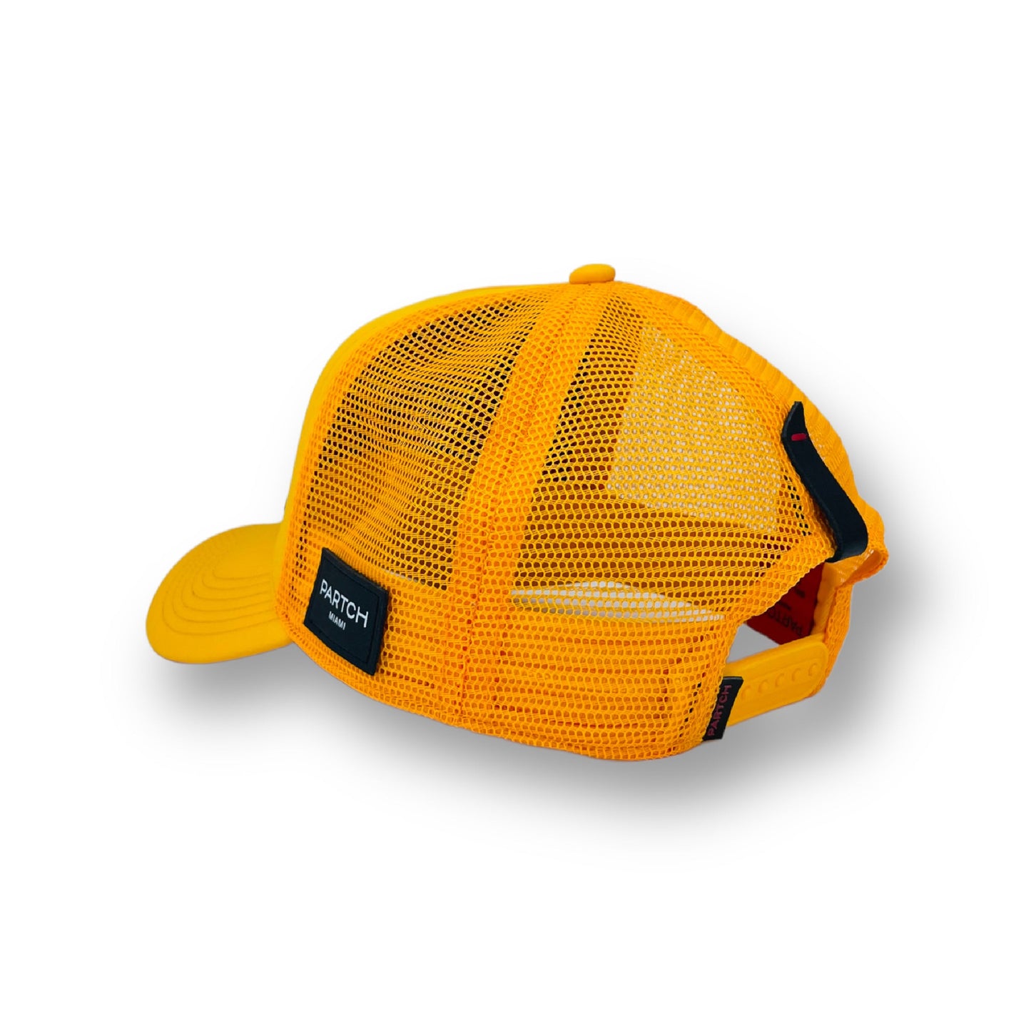 Yellow trucker hat with mesh and leather accents